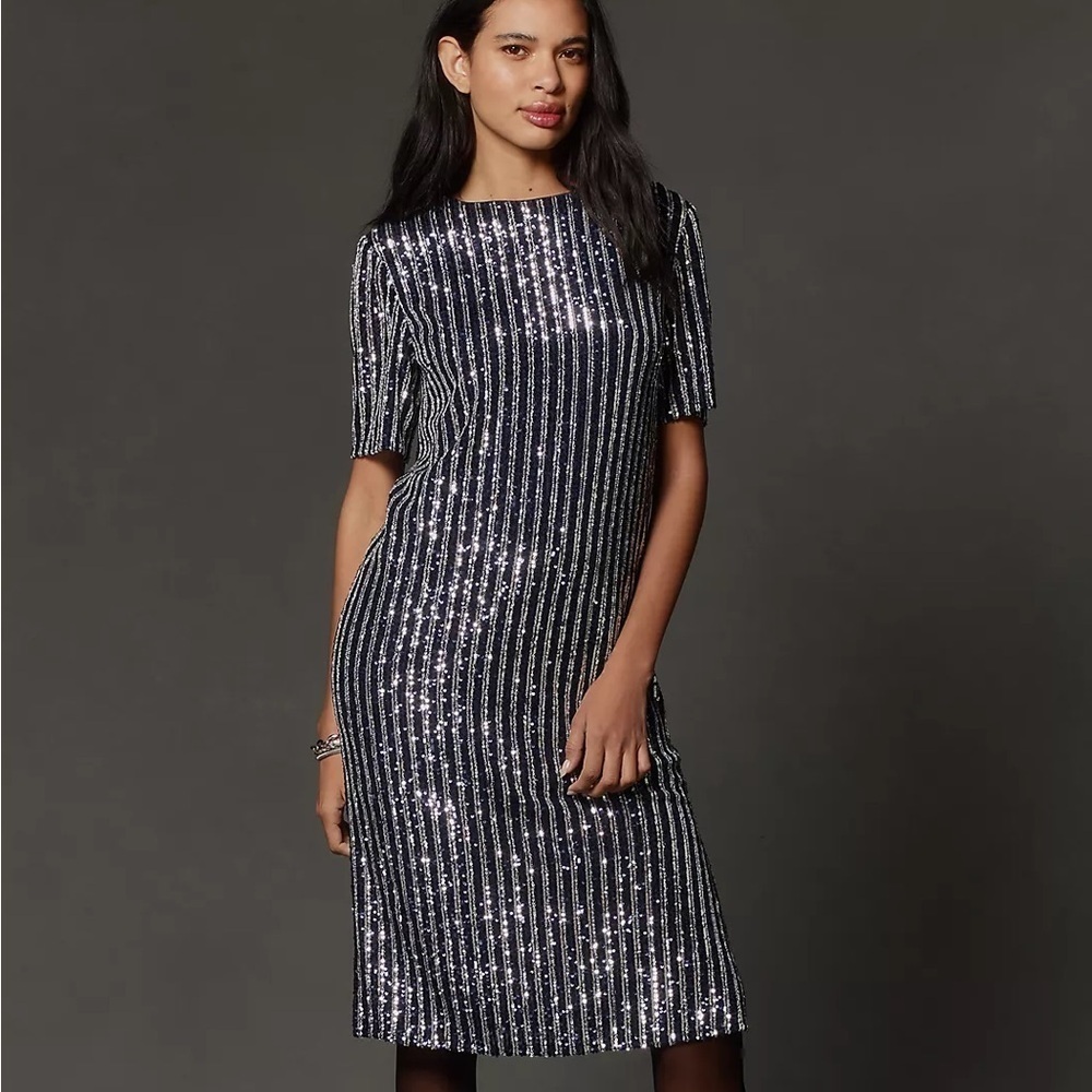 NWT Anthropologie Flat White Short-Sleeve Sequin Stripe Midi Dress Size Small